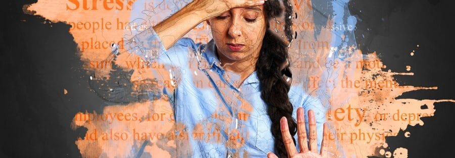 Woman pushing back visual representations of stress and anxiety, symbolizing how hypnosis helps people create calm and positive change.