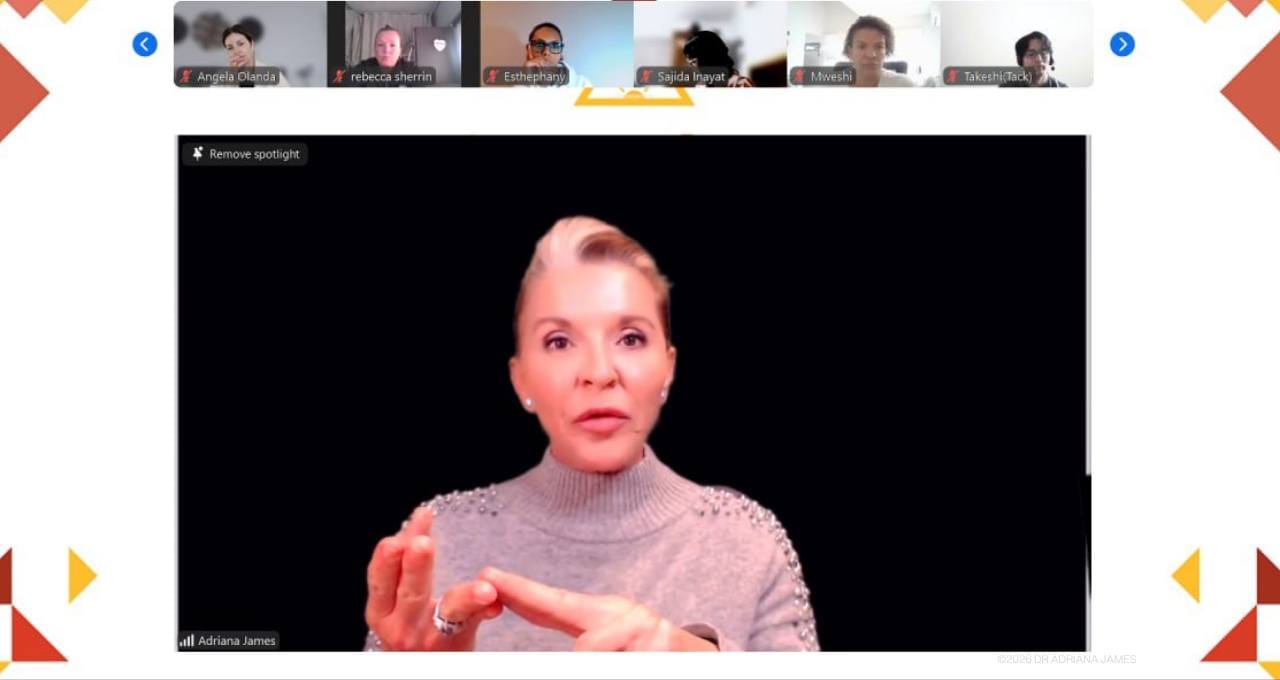 Dr Adriana James teaching NLP Master Practitioner training online during Day 1 session