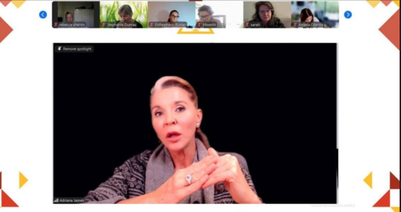 Dr Adriana James teaching an NLP Master Practitioner training session live online